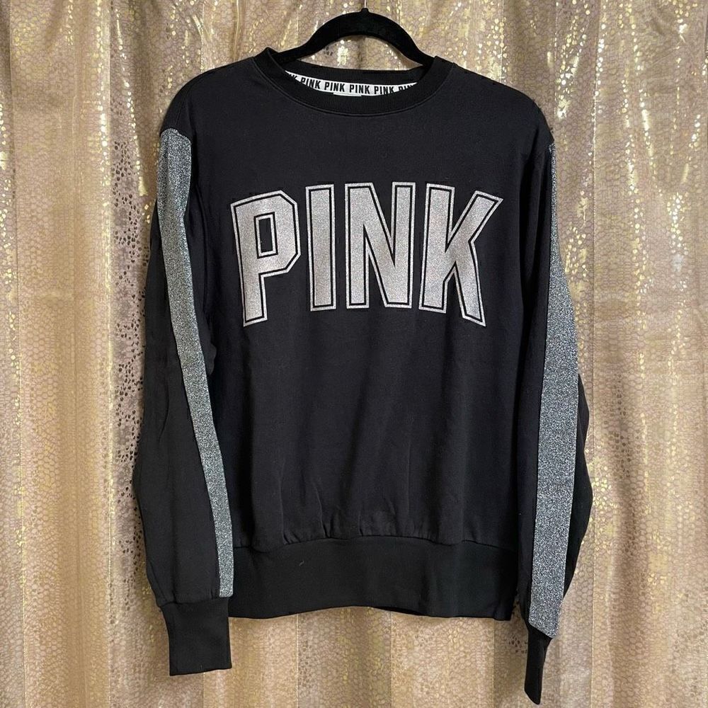 PINK Victorias Secret Black Glitter Sparkle Crew Neck Sweater, Oversized XS